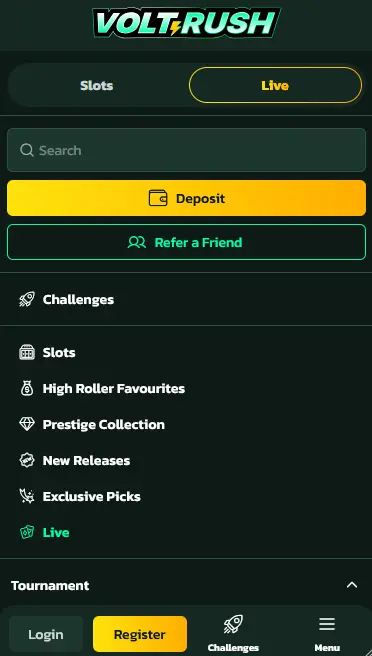 Volt Rush mobile casino interface running as a PWA on a smartphone