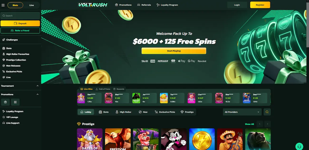 Volt Rush online casino homepage showing the pokies lobby and welcome bonus banner