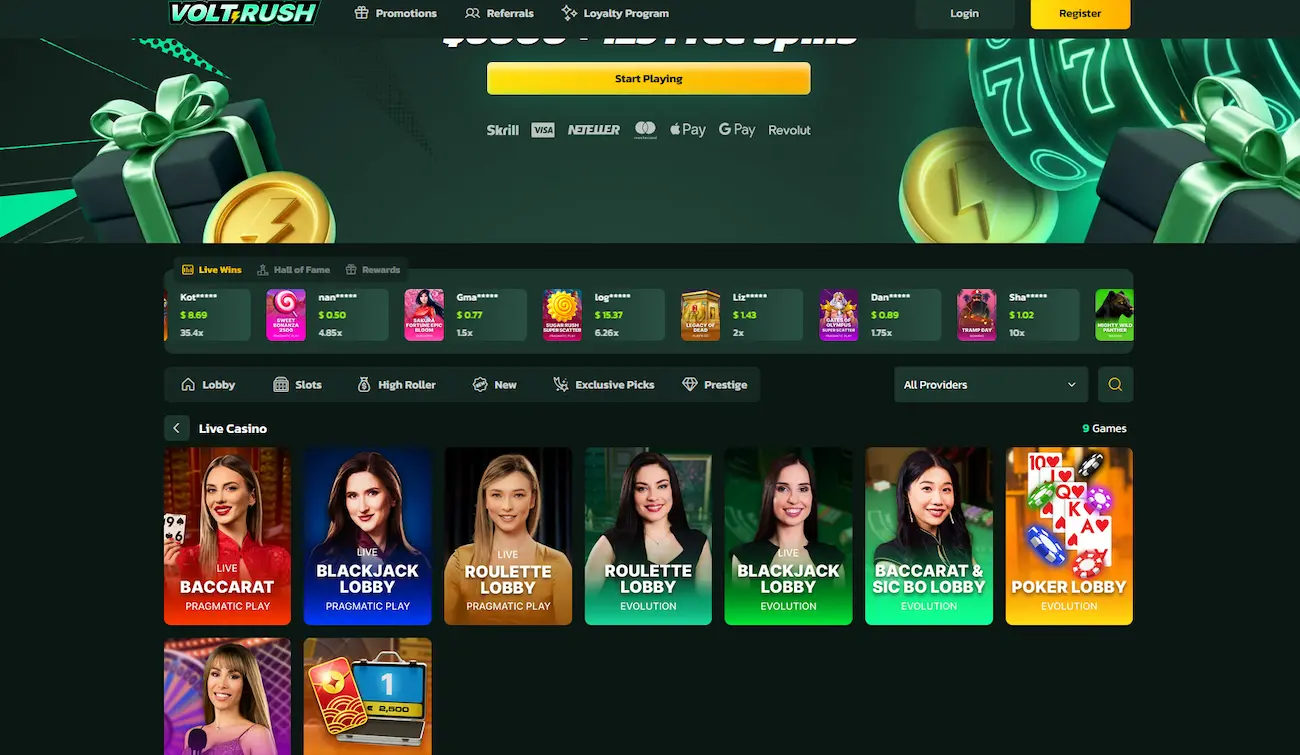 Volt Rush live casino dealer tables streamed by Evolution Gaming