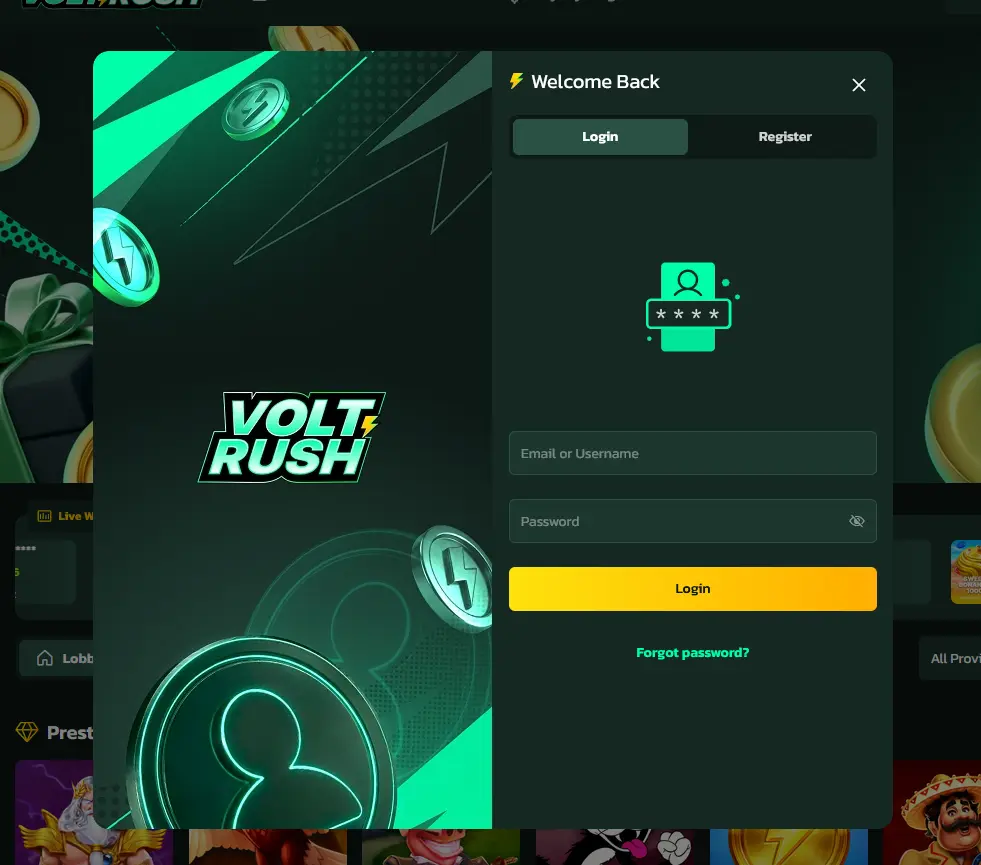 Volt Rush casino login screen with email and password fields
