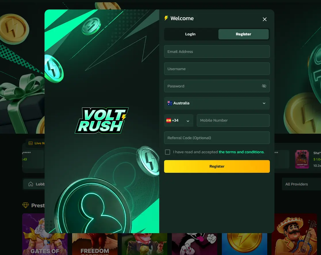 Volt Rush account registration form on a mobile device