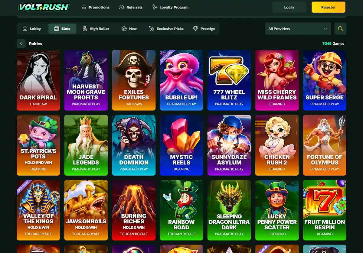 Volt Rush pokies and slot games library filtered by provider and volatility